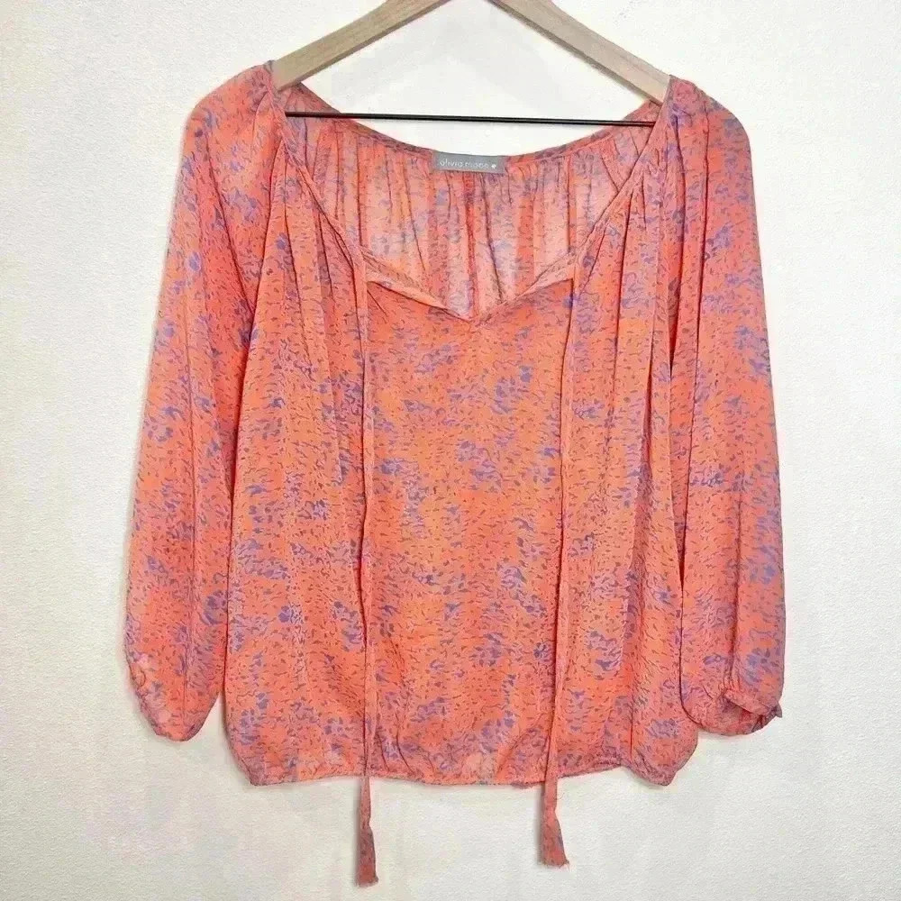 Women's Olivia Moon Tie Front Sheer Geometric Print Peasant Top Size XS
